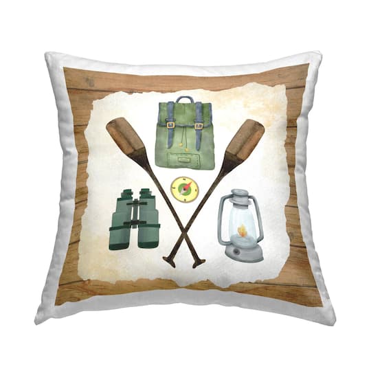 Stupell Industries Various Camping Gear Rustic Grain Pattern Throw Pillow, 18&#x22; x 18&#x22;
